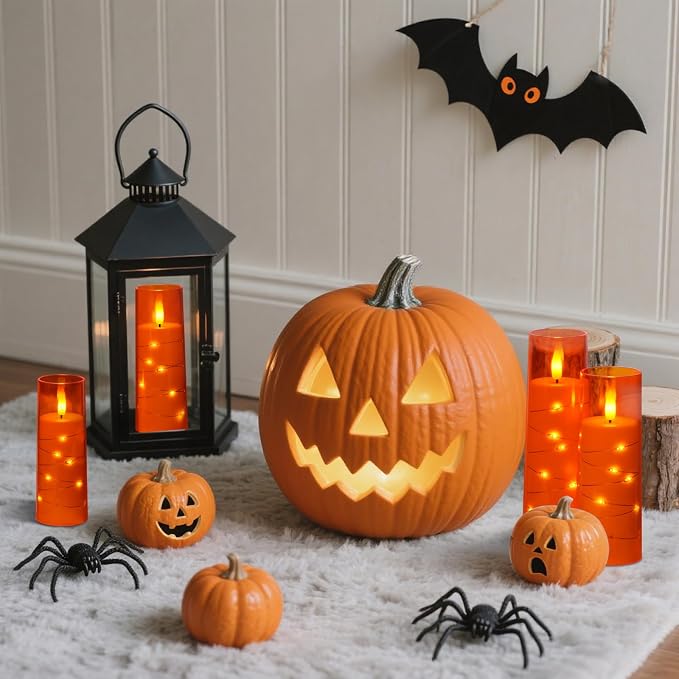 Raycare Flameless Candle with Remote Timer – 5 Flickering Acrylic Battery Operated LED Pillar Candles with Embedded Star String for Halloween, Home Decor, and as a Gift(Orange)