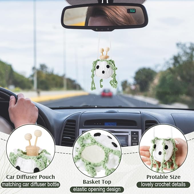 Leelosp 7 Pcs Nightmare Crochet Decoration Christmas Hanging Car Air Freshener with Empty Refillable Oil Diffuser Bottle Knitted Handmade Cute Car Interior Charm Ornament(8 ml, Ghost)