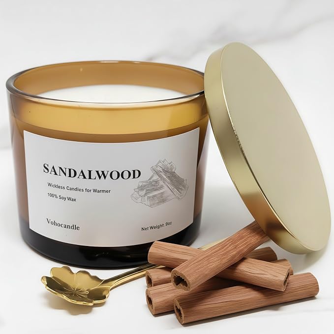 VOHO Sandalwood Wickless Candles for Candle Warmer Lamp, 9oz Soy Candle with Stirring Spoon & Lid, Sandalwood Candles for Men Gifts & Room Fragrance, Wickless Scented Candles for Candle Lamp Warmer