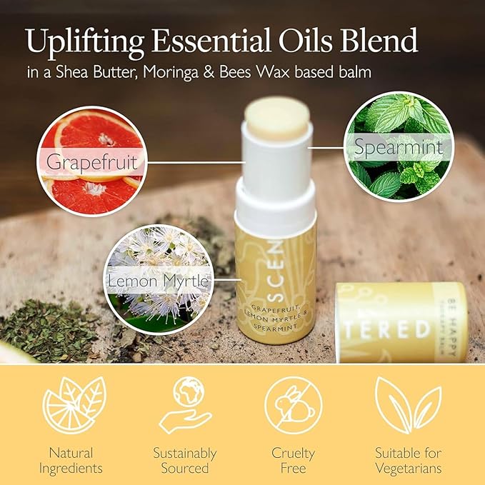 Scentered Aromatherapy Balm Stick - Happy - Mood Boost Roll On Essential Oils Blend for Positive Thinking - Grapefruit, Cedarwood, Lemon Myrtle Essential Oil - Positive Gifts for Women