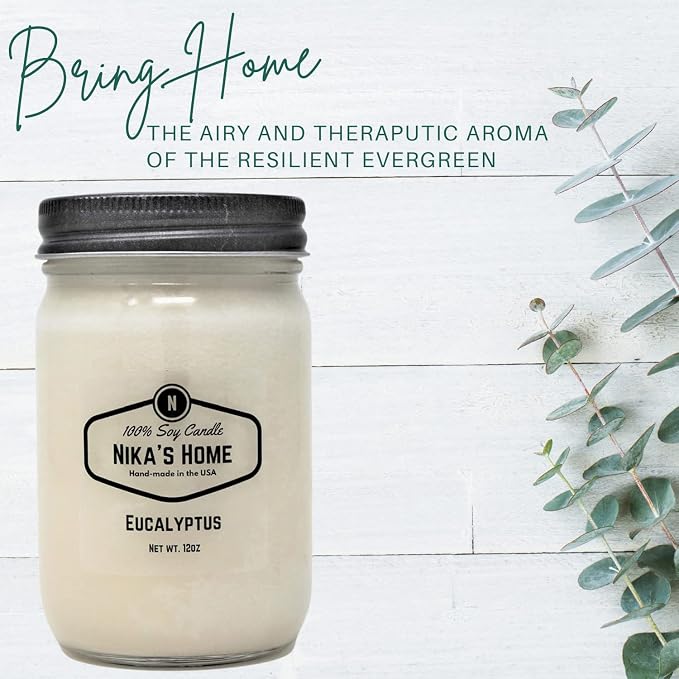 Nika's Home Eucalyptus Soy Candle - 12oz Mason Jar - Non-Toxic - Hand Poured in The USA, Long Burning 50-60 Hours Highly Scented All Natural, Clean Burning