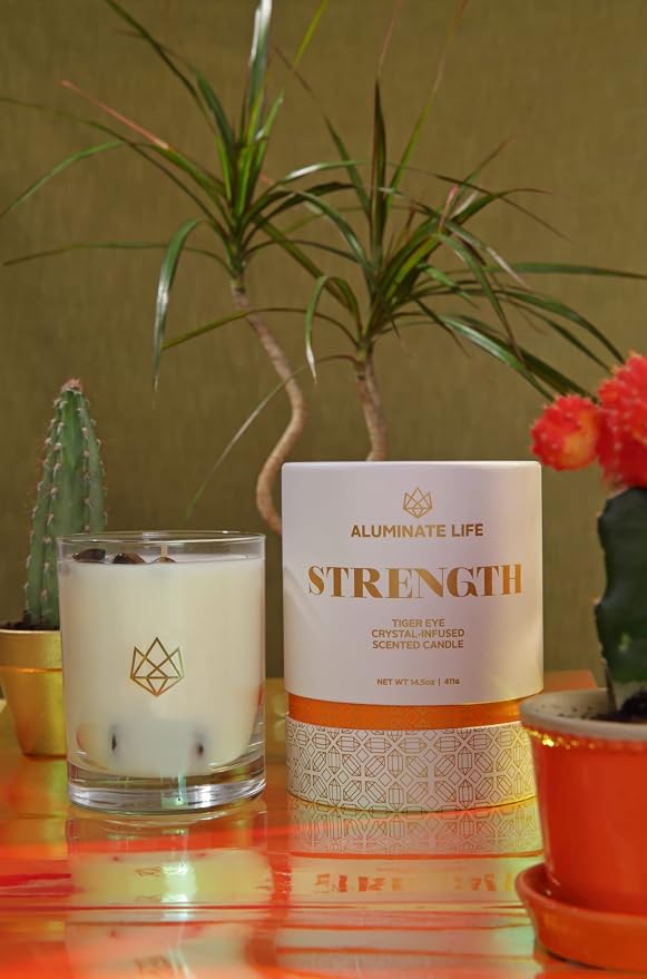 Tiger Eye Crystal Infused Luxury Glass Jar Candle, 14.5 OZ, Strength - Scents of Cedarwood, Amber, & Sage - Power, Courage, & Expansion - Coconut Wax, Meditation, Yoga, Metaphysical