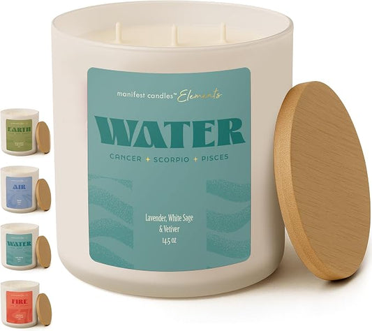 Large 14.5oz 3 Wick Zodiac Water Cancer Pisces Scorpio Zodiac Gifts for Women - 60 Hour Burn - Astrology Gifts for Women, Healing Manifestation Spiritual Candles, Intention Meditation Candle