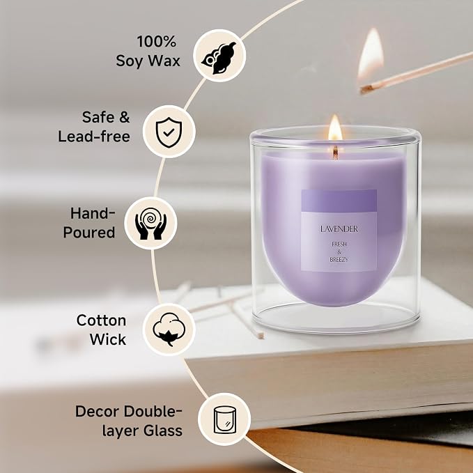Lavender Candle for Home Scented, Purple Soy Wax Aromatherapy Candle Gifts for Women with Unique Artistic Glass