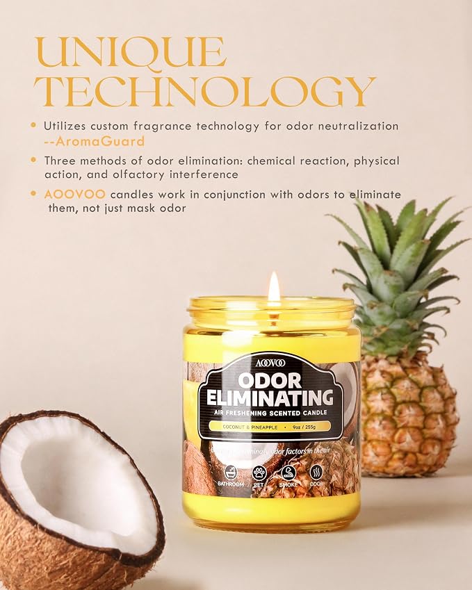 AOOVOO Coconut Pineapple Odor Eliminating Highly Fragranced Candle - Eliminates 95% of Pet, Smoke, Food, and Other Smells Quickly, Air Freshing Soy Candle, 9 oz Up to 50 Hours Burn time