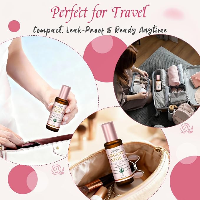 Organic Castor Oil with Real Rose Quartz Roll-On, 2 Pack for Face & Eyes — Lash & Brow Growth, Under Eye Care, Skin Moisturizing, Cold-Pressed, Hexane-Free, Beauty Self-Care Gifts for Women