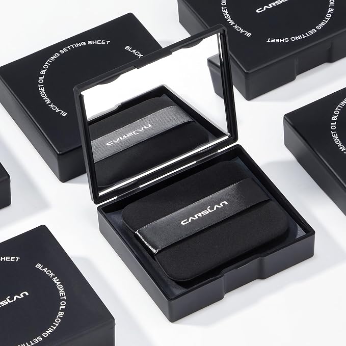 CARSLAN Makeup Blotting Paper with Powder, Black Magnet Blotting Sheet for Oily & Combination Skin, Portable Compact with Puff & Mirror, Keeps Makeup Fresh All Day, 150 Sheets + 8 Refill Adhesive Pads