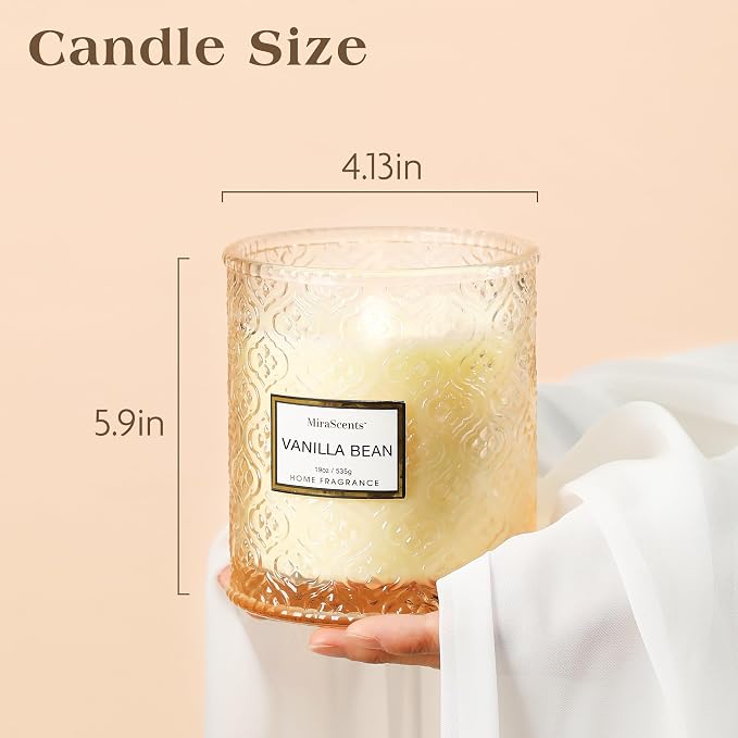 Vanilla Bean Candle, Large Decorative Glass Candle 19oz, Luxury Soy Wax Scented Candle Gift for Women, Home Fragrance for Living Room