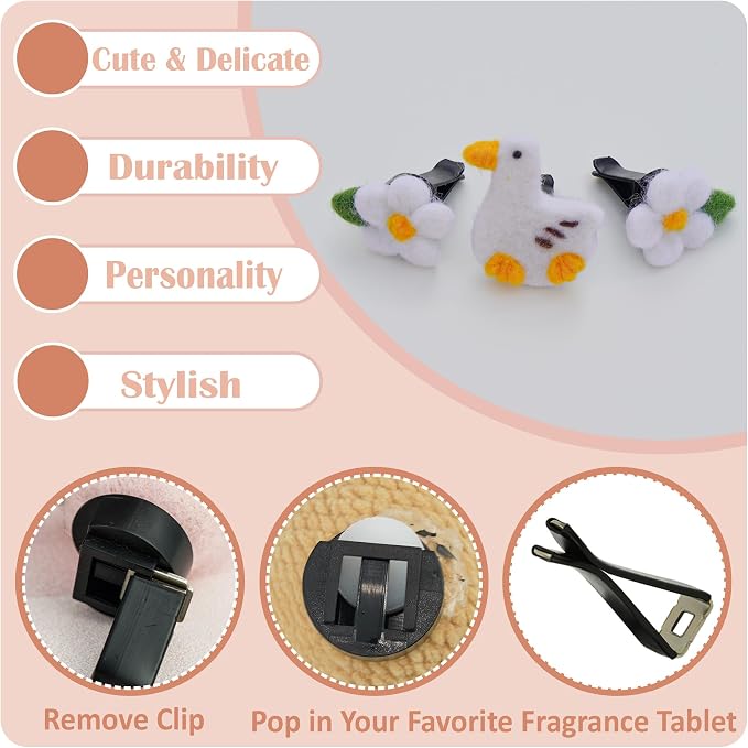 Wonhibo Duck & Floral Felt Vent Clips (3 Pack) - Refillable Car Air Freshener Decor with Cute Stuffed Designs