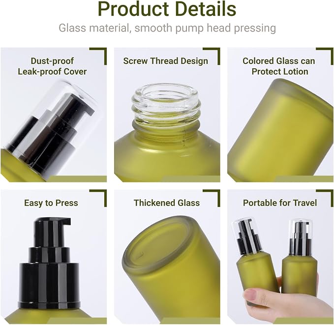 Segbeauty 2oz Frosted Glass Travel Lotion Container Refillable, 3pcs Small Travel Containers for Creams, 60ml Mini Empty Lotion Bottles with Pump Dispenser, Cosmetic Containers Sample Cream Bottle
