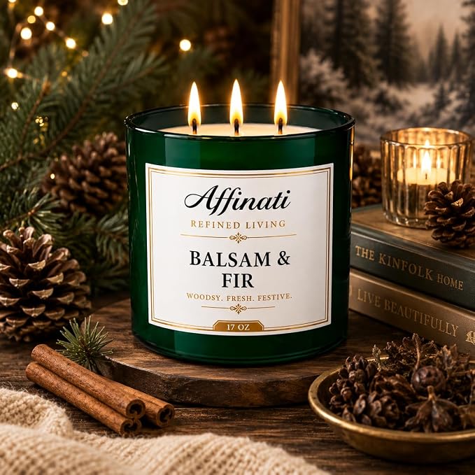Affinati Balsam Fir 3-Wick Scented Candle – Large Soy Blend Candle, Strong Scent Throw Fresh Crisp Evergreen Pine Christmas Tree Winter Candle, Premium Holiday Gift