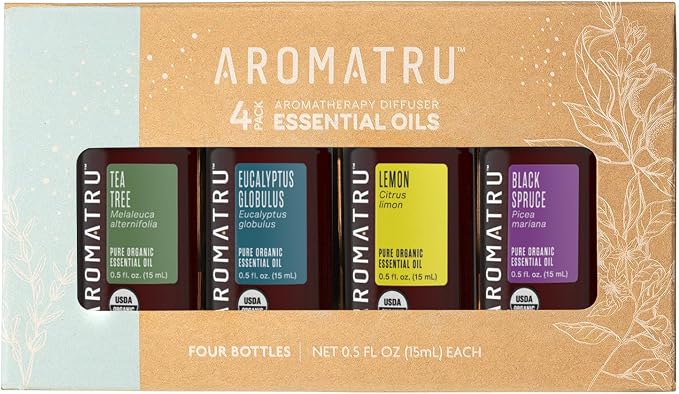 AromaTru Purify Essential Oil Kit – Tea Tree, Eucalyptus Globulus, Lemon, and Black Spruce – Organic & Wildcrafted – ISO Certified – No Synthetic Fillers – Ethically Sourced