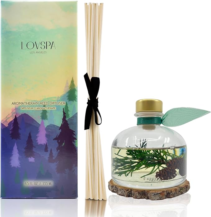 Reed Diffuser Set, Winter Forest Pine Scented Oil Diffuser with Sticks and Wooden Coaster, Bathroom Shelf Decor Made with Real Botanicals, USA Made