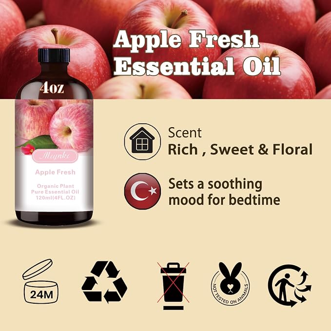 Apple Essential Oil, Apple Oil for Diffuser, Humidifier, DIY Candle, Soap, Fresh Scent, Home, Cleaning, Gift Ready,Apple Fragrance Oil - MLYNKL Essential Oils (4.33 fl oz / 130ml)