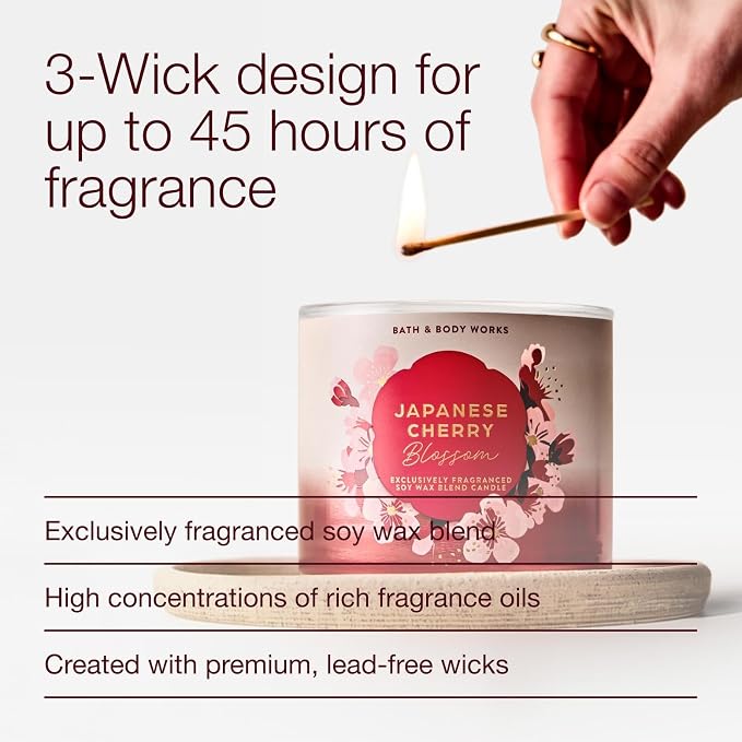 Bath & Body Works Japanese Cherry Blossom 3-Wick Candle - Scented Candle for Home Use - Long-Lasting, Room-Filling Fragrance - High Fragrance Oil Concentration - Soy Wax Blend - 2-Pack