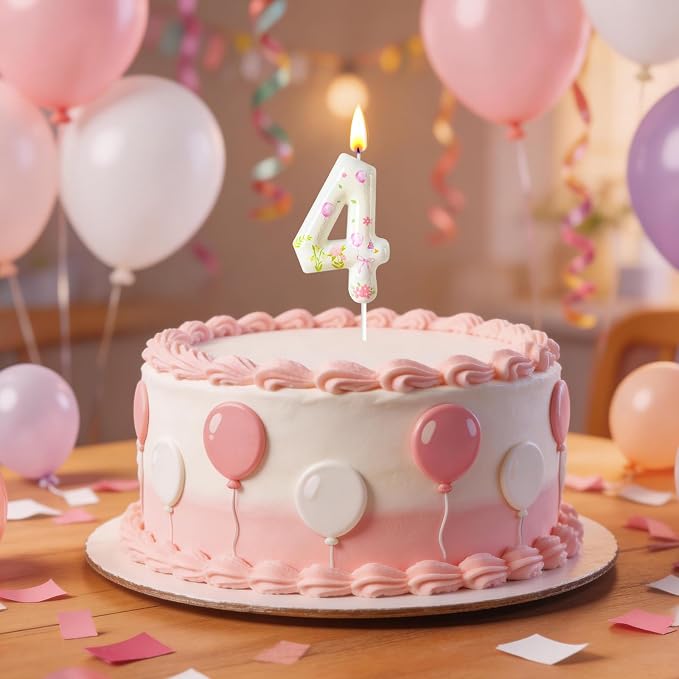 Number 4 Birthday Candle for Cake – Goose Inspired Design with Floral, Balloon & Leaf Details – Farm Theme Cake Topper for Birthday Party Decoration