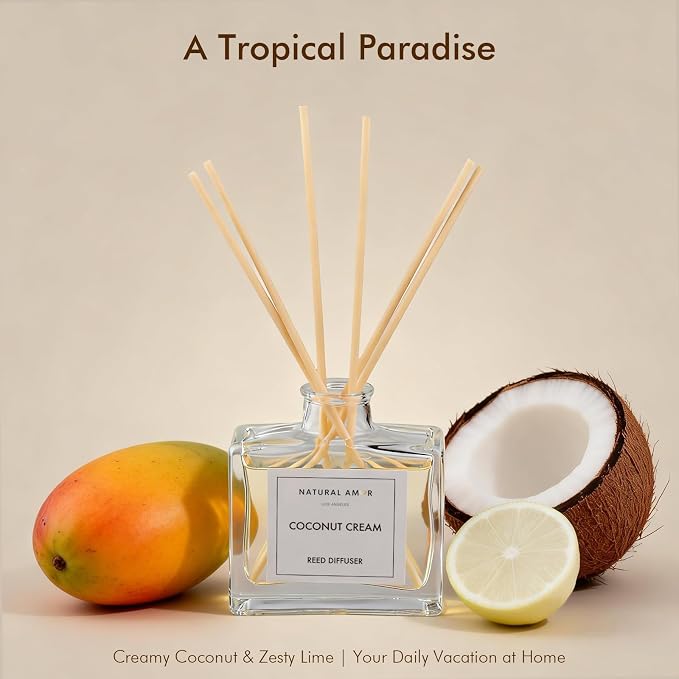 Natural Amor Coconut Reed Diffuser Set, 3.38 fl oz Scented Diffuser with Sticks Home Fragrance Reed Diffuser for Bathroom Shelf Bedroom Living Room