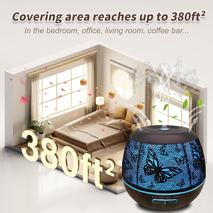 Roonbo Diffusers for Essential Oils Large Room 400ml,Essential Oil Diffuser for Home with R/C,Cool Mist Humidifiers for Bedroom,7 Colors Changed & 3 Mist Mode Waterless Auto Off for Decor Butterfly