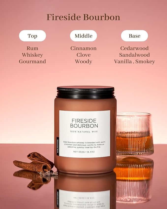 M&SENSE Fireside Bourbon Scented Candles, 2 Wick Jar Candle 19.4oz 110 Hour Long Lasting, Organic Natural Soy Wax Candle for Bedroom Kitchen Home Decor, Warm Housewarming Gifts for Men Women