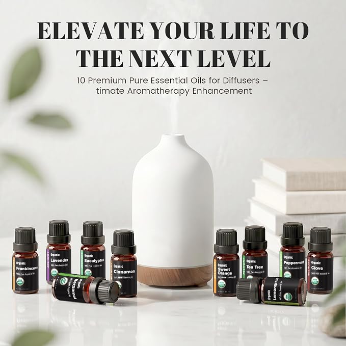 Organic Essential Oils Gift Set, Top 10x10ML-100% Pure Natural Aromatherapy for Diffusers, Humidifiers, Candle Making, Peppermint, Tea Tree, Lavender, Frankincense, Lemongrass, Eucalyptus & More