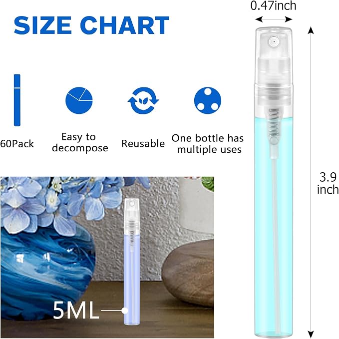 Mini Spray Bottle, Clear Plastic Empty Sample Containers, Fine Mist Perfume Travel Refillable Spray Bottle Perfume Atomizer Small Portable Bottle for Cleaning, Travel, Essential Oils (60, 5ml)