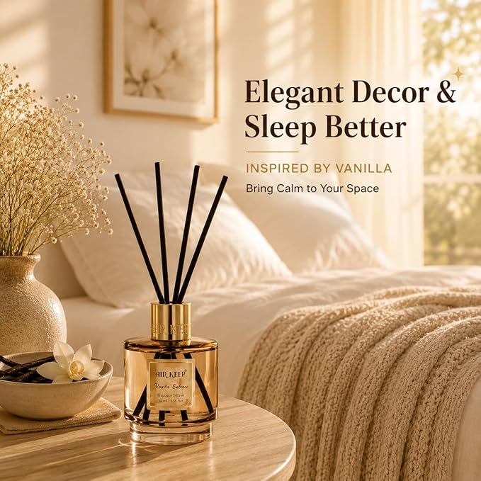 Airkeep Reed Diffuser Set with Refill & 8 Reed Sticks, 6.96 fl oz Vanilla Embrace Home Fragrance, Long Lasting Aromatherapy Diffuser for Bedroom, Bathroom & Living Room