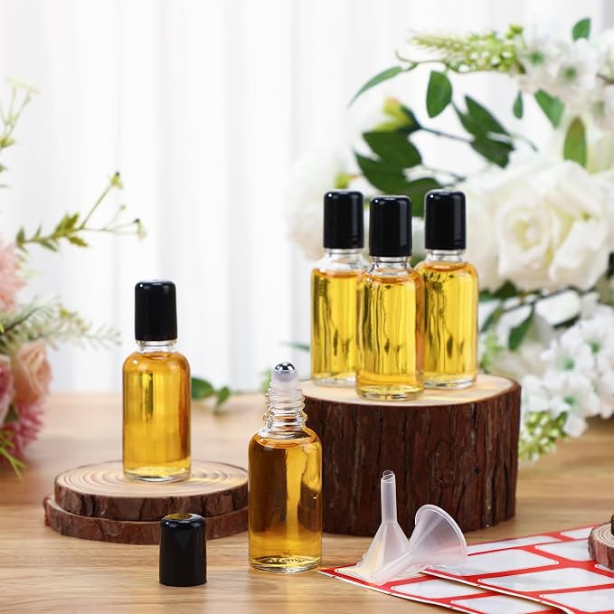 Sumind 24 Sets Clear 30ml Roller Glass Bottle Essential Oil with Stainless Steel Refillable Sample Container Brown Empty Roller Bottle Applicator with Funnel Sticker for Travel