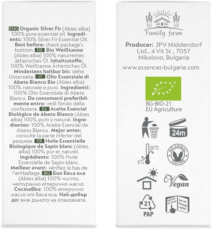 Essences Bulgaria Organic Silver Fir Essential Oil 1/3 Fl Oz | 10ml | Abies alba | 100% Pure and Natural | Undiluted | Therapeutic Grade | Family Owned Farm | Steam-Distilled | Non-GMO | Vegan