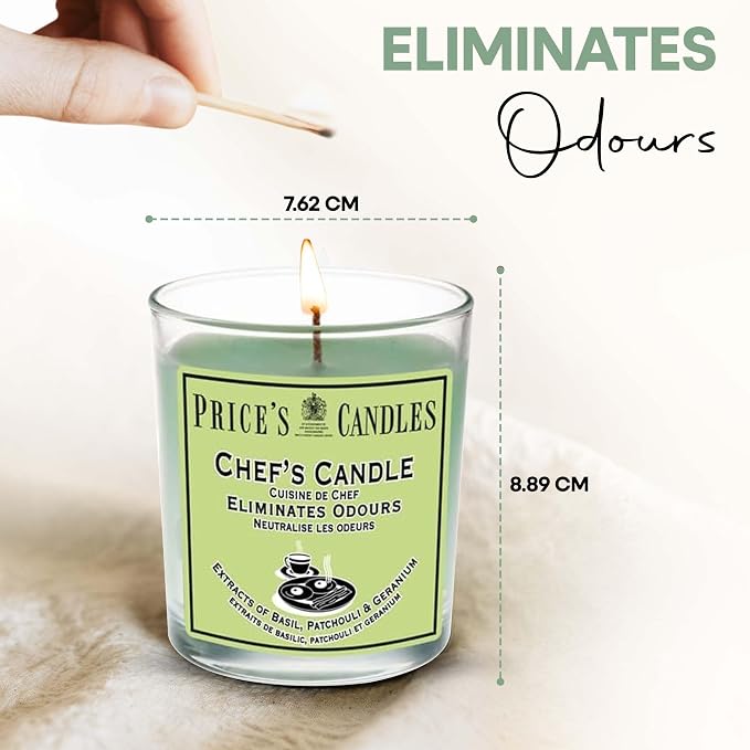 Price's - Chef's Jar Candle - Odour Eliminating Candle - Made with Basil, Patchouli & Geranium Extracts - Clean, Fresh, Quality Fragrance - Long Lasting Scent