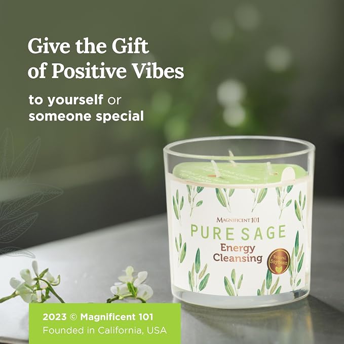 Magnificent 101 Pure Sage Energy Cleansing Aromatherapy Glass Candle for Meditation, Manifestation, and Intention-Setting - 14.5 oz Natural Soy Wax and Essential Oil | 56-Hour Burn Time