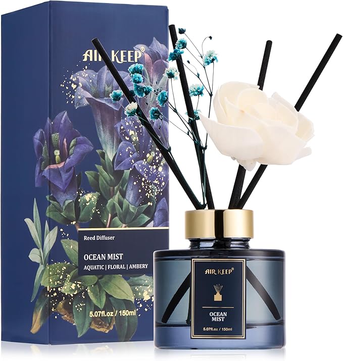 Airkeep Flower Reed Diffusers Set, 5.07 oz Ocean Mist Scented Oil Diffuser with 8 Reed Sticks, Home Fragrance Diffuser Gift Set for Bathroom & Office Decor 150ml
