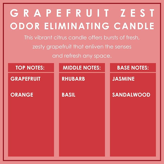 Grapefruit Zest Odor Eliminating Highly Fragranced Candle - Eliminates 95% of Pet, Smoke, Food, and Other Smells Quickly - Up to 80 Hour Burn time - 12 Ounce Premium Soy Blend