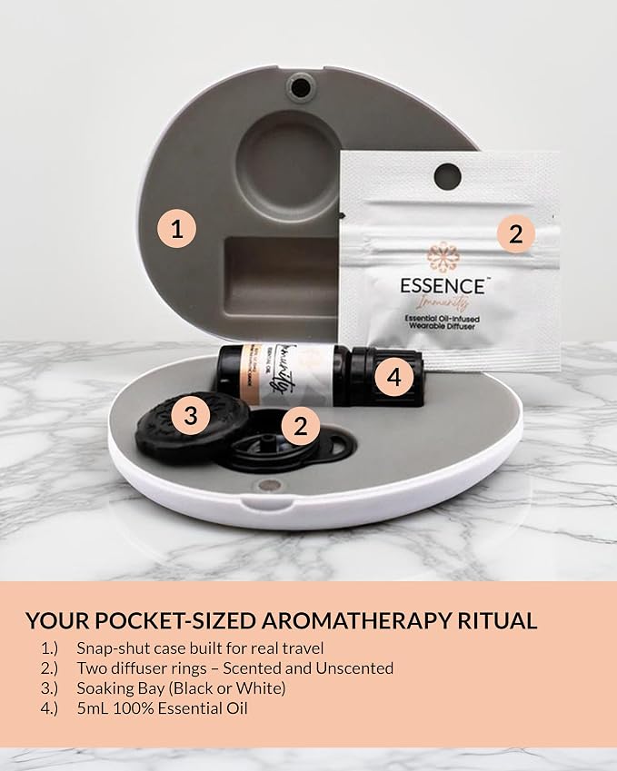 Essence Pearl Travel Case | Immunity Essential Oil | Aromatherapy Nasal Diffuser & Essential Oil Carrying Case | Eucalyptus, Lemon & Cinnamon Blend | Travel-Friendly Kit | Black Pod
