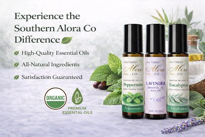 Southern Alora Essential Oils Roll On Set – Peppermint, Lavender & Eucalyptus Aromatherapy for Relaxation and Stress Support – Travel Size Essential Oil Roller, Self Care Gifts for Women