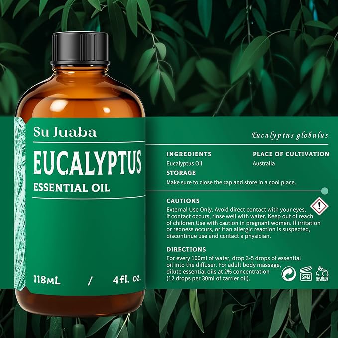 SU JUABA Eucalyptus Essential Oil 4 Fl Oz, for Hair Care, Diffuser, Skin Care, Shower, Aromatherapy - 118ML