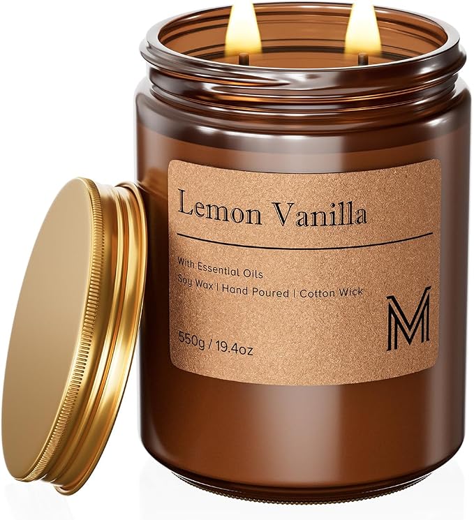 M&SENSE Lemon Vanilla Scented Large Candle, 19.4oz Aromatherapy Candle for Home Fragrance, Natural Organic Soy Wax Long-Lasting for Stress Relief, Yoga, Gifting for Birthday, Housewarming