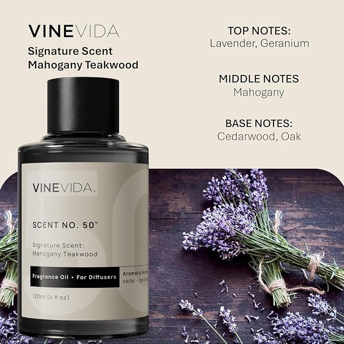 VINEVIDA Mahogany Teakwood Fragrance Oil for Cold Air Diffusers - 4 Fl Oz - Essential Oils for Diffuser Oil Refill & Air Freshener Room Spray
