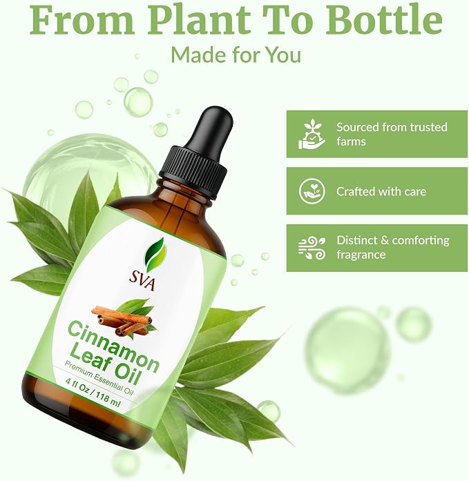 SVA Cinnamon Leaf Essential Oil 4 Fl Oz – for Diffuser, Skin & Hair Care – Ideal for Massage & DIY Blends – with Dropper