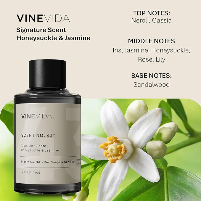 VINEVIDA [4oz] Honeysuckle & Jasmine Fragrance Oil for Candle Making and Soap Making - Premium Candle Scents for Soy Candles