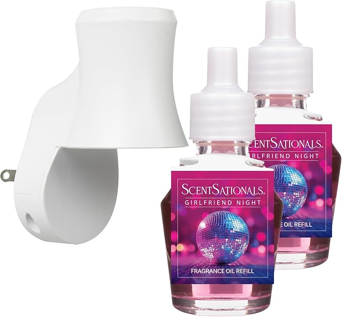 Scentsationals Plug in Air Freshener Starter Set – Swivel Plug Fragrance Oil Diffusers & 2 Long Lasting Scent Refills - Girlfriend Night Scent