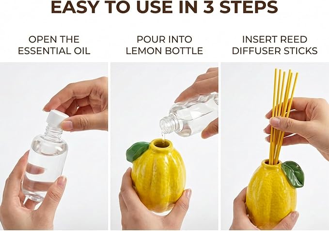 Lemon Scented Reed Diffuser Set – 6.76 fl oz (200ml) with Sticks, Creative Lemon-Shaped Ceramic Design for Home, Bedroom & Bathroom Decor, Long Lasting Aromatherapy Gift