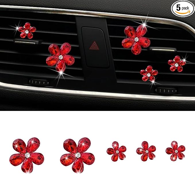 Bling Daisy Flower Car Air Vent Clips, 5PCS Sparkling Crystal Rhinestone Cute Vehicle Air Conditioning Clamp, Diamond Auto Air Outlet Clip Decor for Women Girls (Red)
