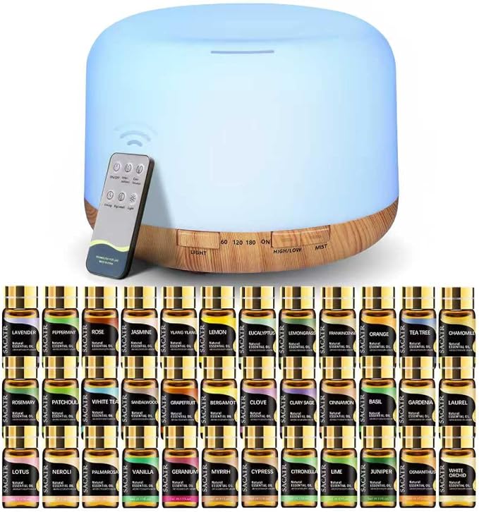 SACATR Essential Oil Diffusers for Home with 36x5mL Oil Diffuser Sets, Ultrasonic Technology, Remote Control for Home Office, Auto Shut-Off 4 Timers 15 Colors