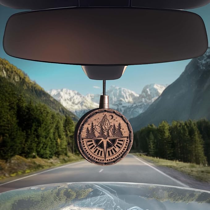 Wood Car Air Freshener — Handmade Car Air Freshener — Compass Mountains Designed Fragrance Oil Diffuser in Wooden Gift Box — Aromatherapy Set with Ocean Breeze Fragrance Oil - 10 ml