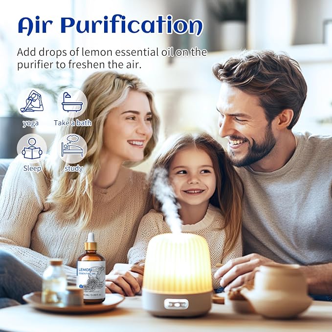 HIQILI Lemon Essential Oil, Household Cleaning, Air Purification, Skin Care, Can be Added to Cleansers, Sprays, Body Lotions Use - 3.38 Fl Oz/100ML