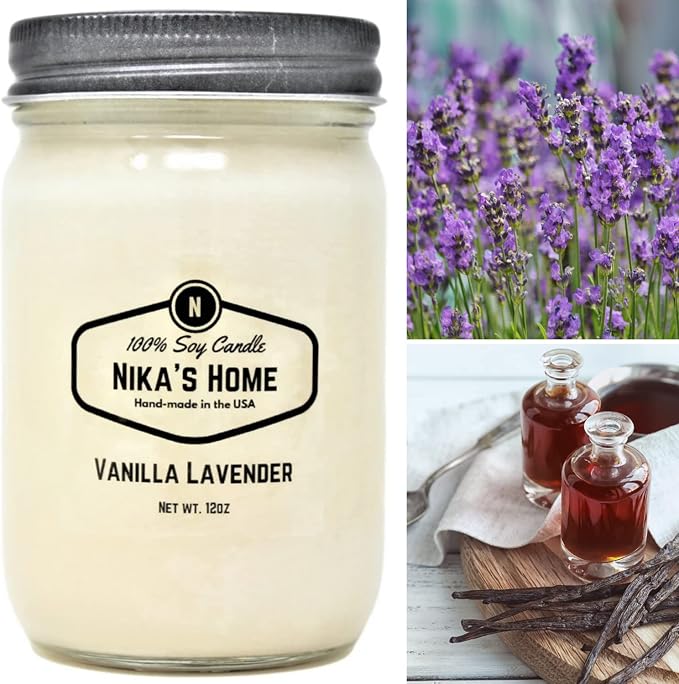 Nika's Home Vanilla Lavender Soy Candle - 12oz Mason Jar - Non-Toxic - Hand Poured in The USA, Long Burning 50-60 Hours Highly Scented All Natural, Clean Burning