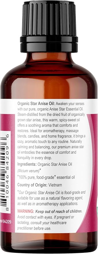 Viva Doria Star Anise Essential Oil, USDA Certified Organic Star Anise Oil, 100% Pure, Natural Essential Oil, Undiluted, for Aromatherapy | Food Grade, 30 mL (1 Fluid Ounce)