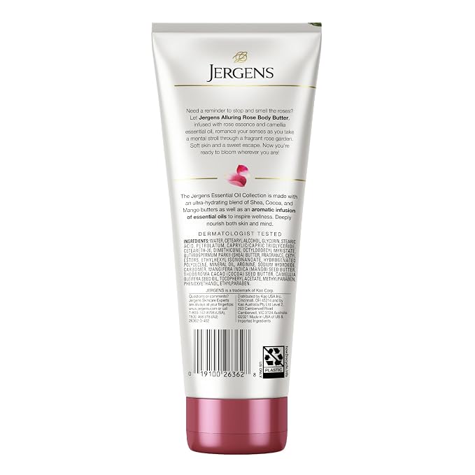 Jergens Rose Body Butter Lotion, Hand and Body Moisturizer with Camellia Essential Oil, for Indulgent Hydration, 7 Oz