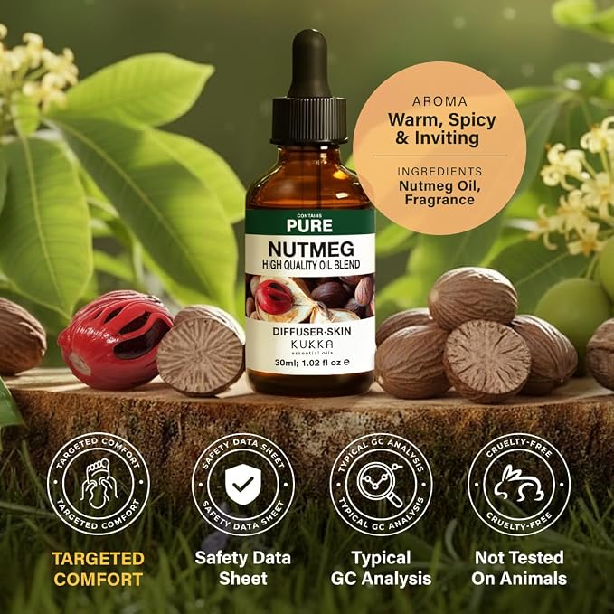 100% Pure Nutmeg Oil - 1 Fl Oz Nutmeg Essential Oil for Hair, Skin, Diffuser, Aromatherapy & DIY Soap Making Scent