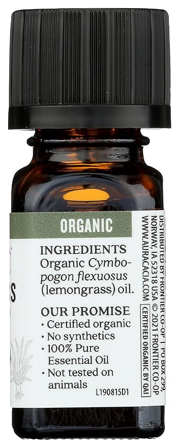 Aura Cacia Organic Lemongrass Essential Oil, GC/MS Tested for Purity, 7.4ml, 0.25 Fl Oz